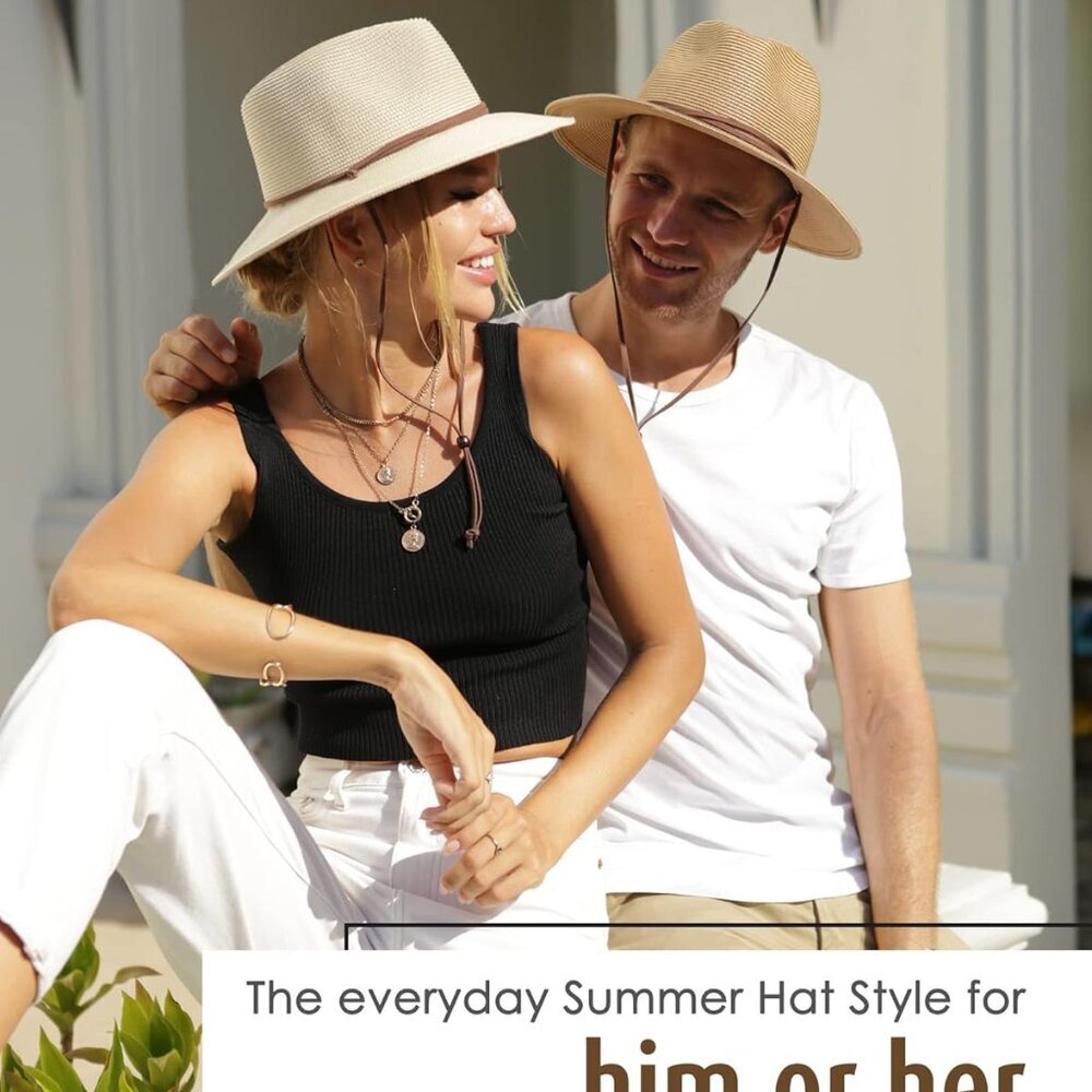 Womens Summer Straw Sun Hats Wide Brim Panama Fedora Beach Hat with Wind Lanyard - Picture 7 of 7